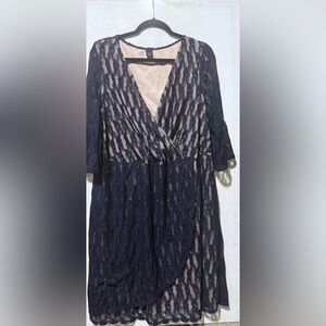 Wrapper Navy and Beige Long Sleeve Dress